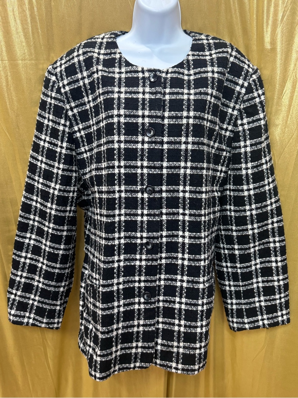 Vintage Joan Leslie Plaid Jacket 24W Black White Wool Blend Button Front
